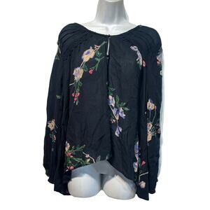 oneill navy blue crinkle sheer long sleeve floral blouse Women’s Size S